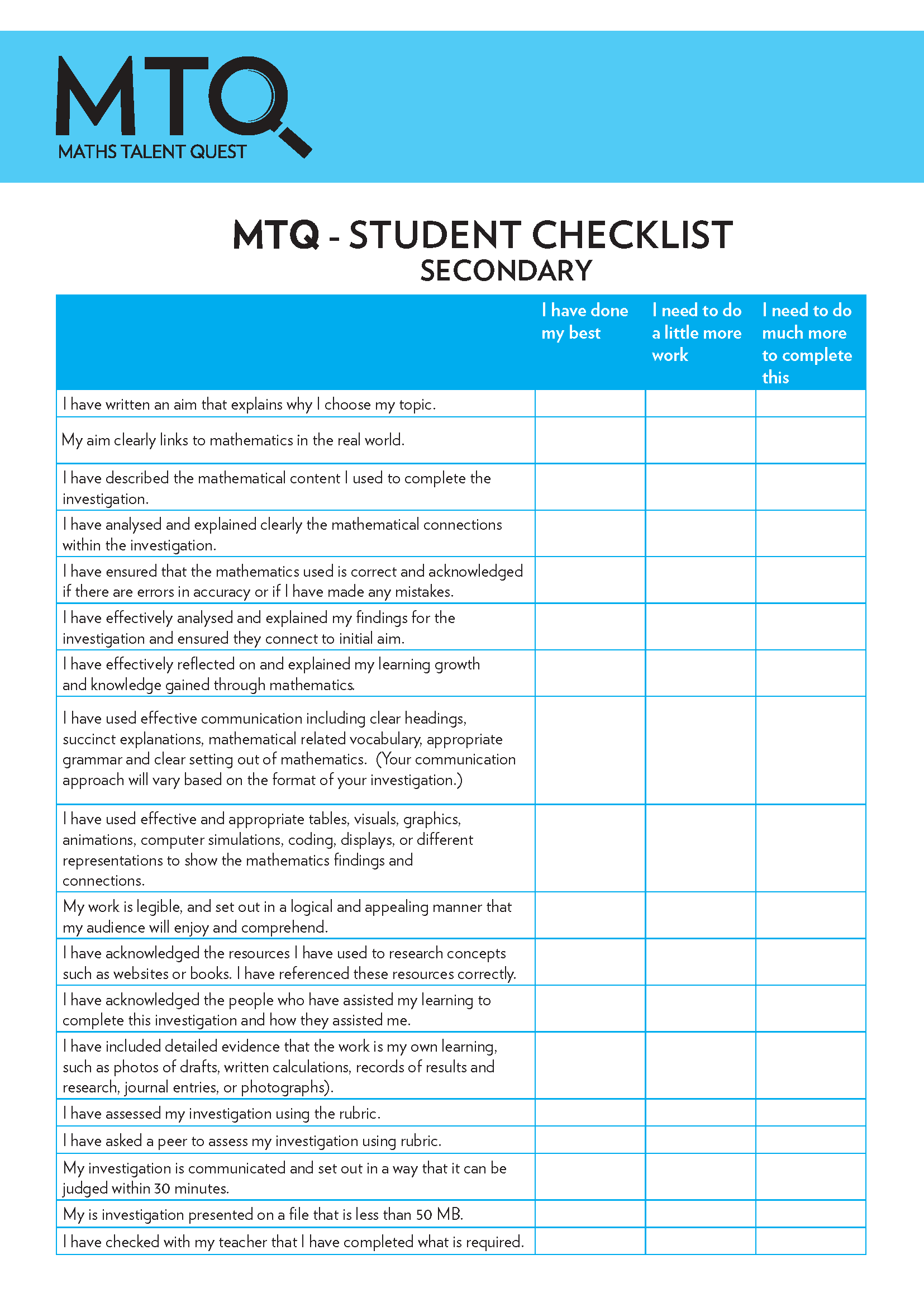MTQ FLIP Student Checklist - Secondary